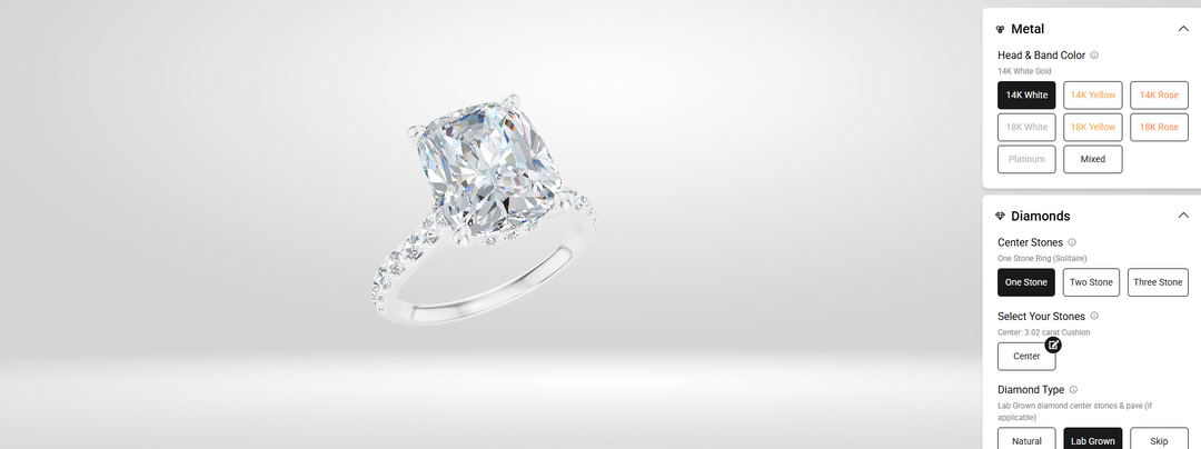 AJ's Jewelry online ring builder showing the 14 karat white gold elongated cushion hidden halo engagement ring design with lab grown diamond selected