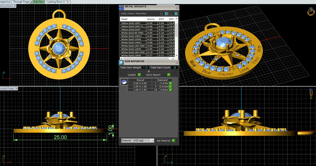 CAD rendering of the compass rose pendant from the front, side and perspective views, reviewed by the client before production at AJ's Jewelry