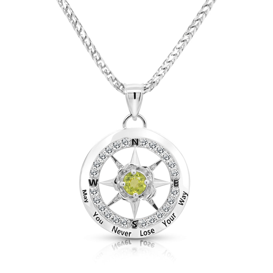 Peridot Birthstone Compass Rose Pendant, 14K White Gold