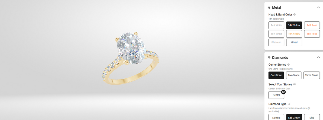 AJ's Jewelry online ring builder showing the 14 karat yellow gold oval solitaire engagement ring design with lab grown diamond selected