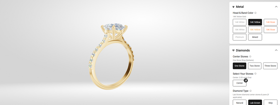 Ring builder view of the yellow gold oval lab grown diamond engagement ring with diamond band, designed online at ajsjewelers.com