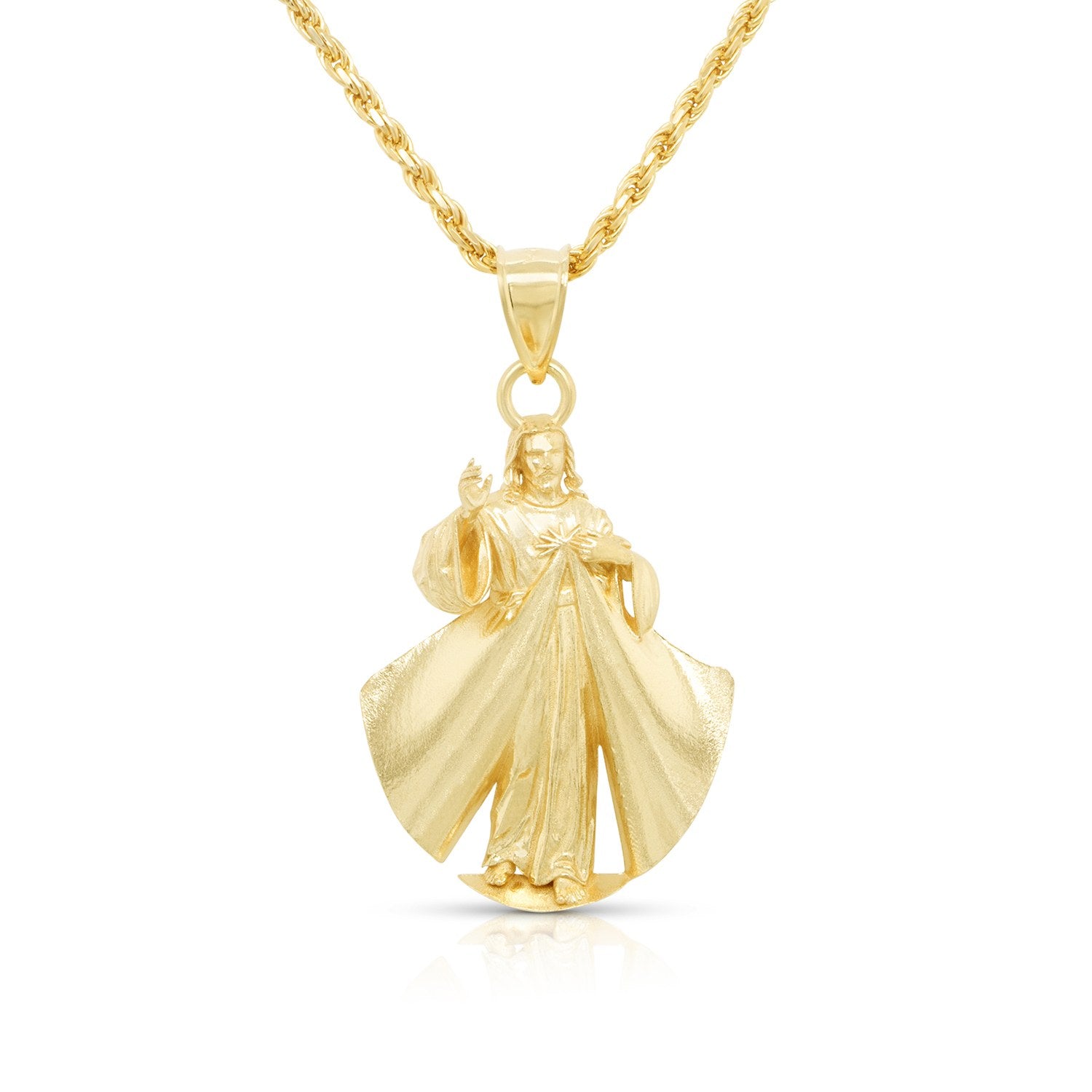14 karat yellow gold Divine Mercy pendant — front view, custom religious jewelry by AJ's Jewelry, Ridgewood Queens NY