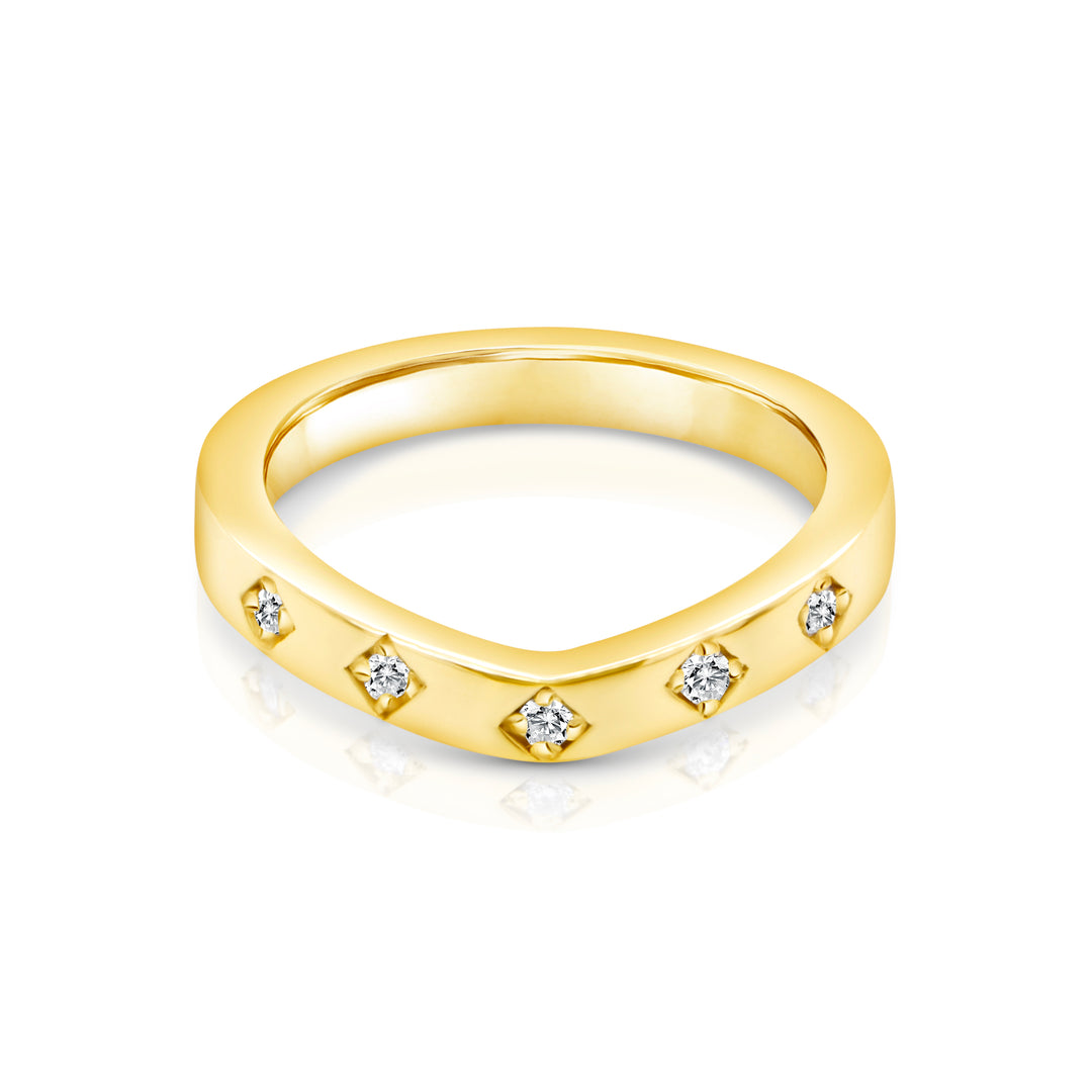 14k yellow gold lab grown diamond chevron wedding band, front view showing the V-shaped chevron and flush-set diamonds - AJ's Jewelry Queens NY