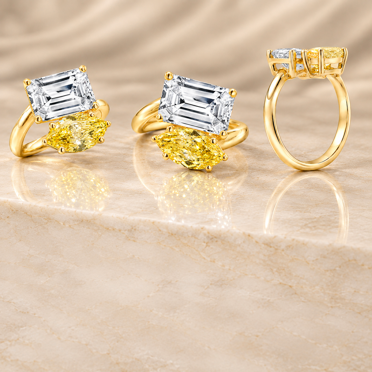 14 karat yellow gold two-stone lab grown diamond engagement ring pairing a fancy vivid yellow marquise with a white diamond, custom made at AJ's Jewelry in Ridgewood Queens