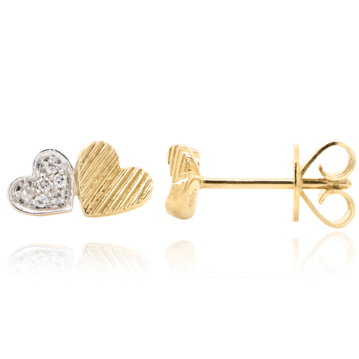 14 Karat Yellow Gold 0.04ct Diamond Two Heart Stud Earrings