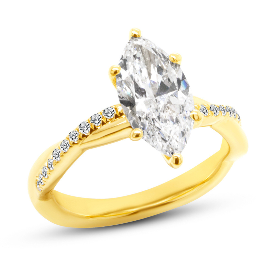 18 karat yellow gold 1.5ct marquise lab grown diamond engagement ring, angled three-quarter view