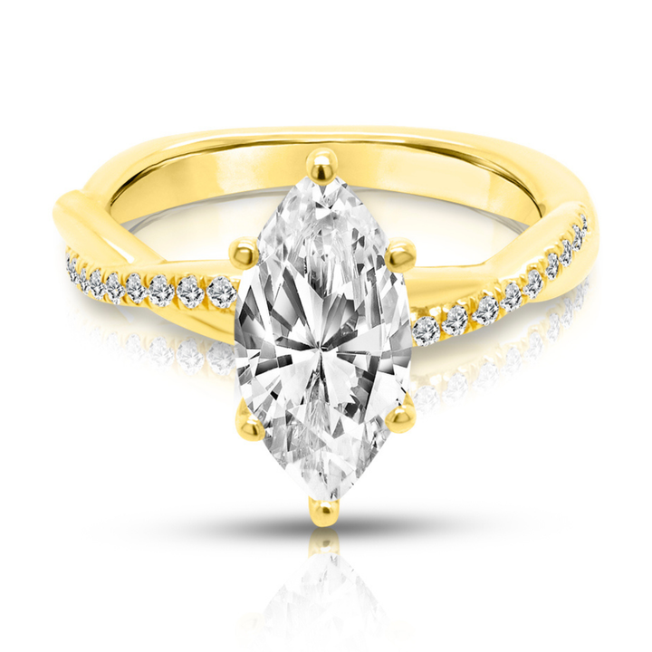 18 karat yellow gold 1.5ct marquise lab grown diamond engagement ring with twisted pave shank, front view