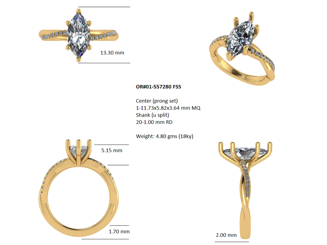 CAD digital rendering and specifications of an 18k yellow gold marquise twist lab grown diamond engagement ring, AJ's Jewelry Queens NY