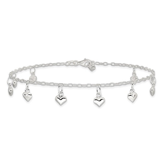 Sterling Silver Heart 10 inch Ankle Bracelet