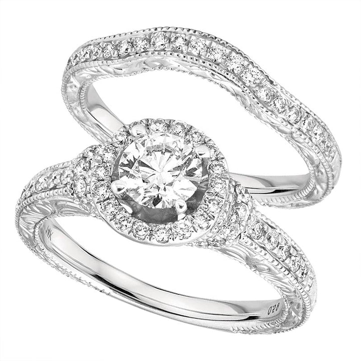 14 Karat White Gold 1.25twt with 0.50ct Round Center Diamond Engagement Ring with Matching Band - Size 7