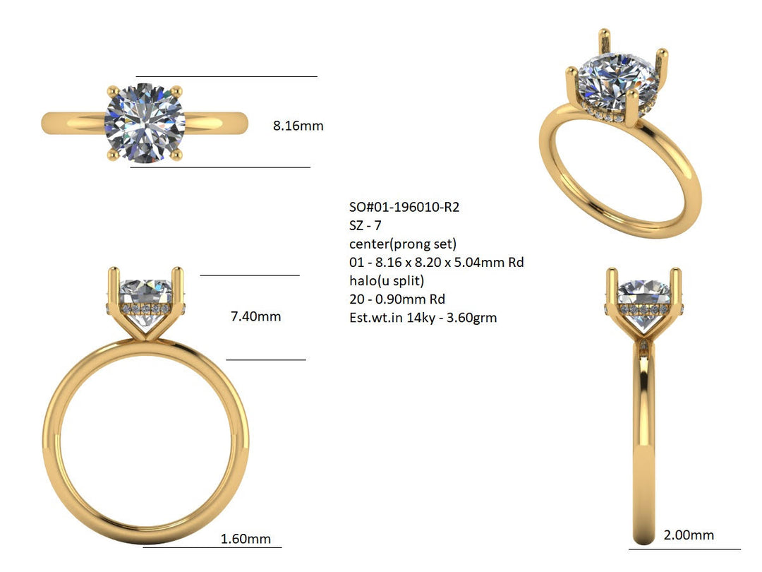 CAD digital rendering and specifications of a 2ct round hidden halo lab grown diamond engagement ring in 14k yellow gold, AJ's Jewelry Queens NY