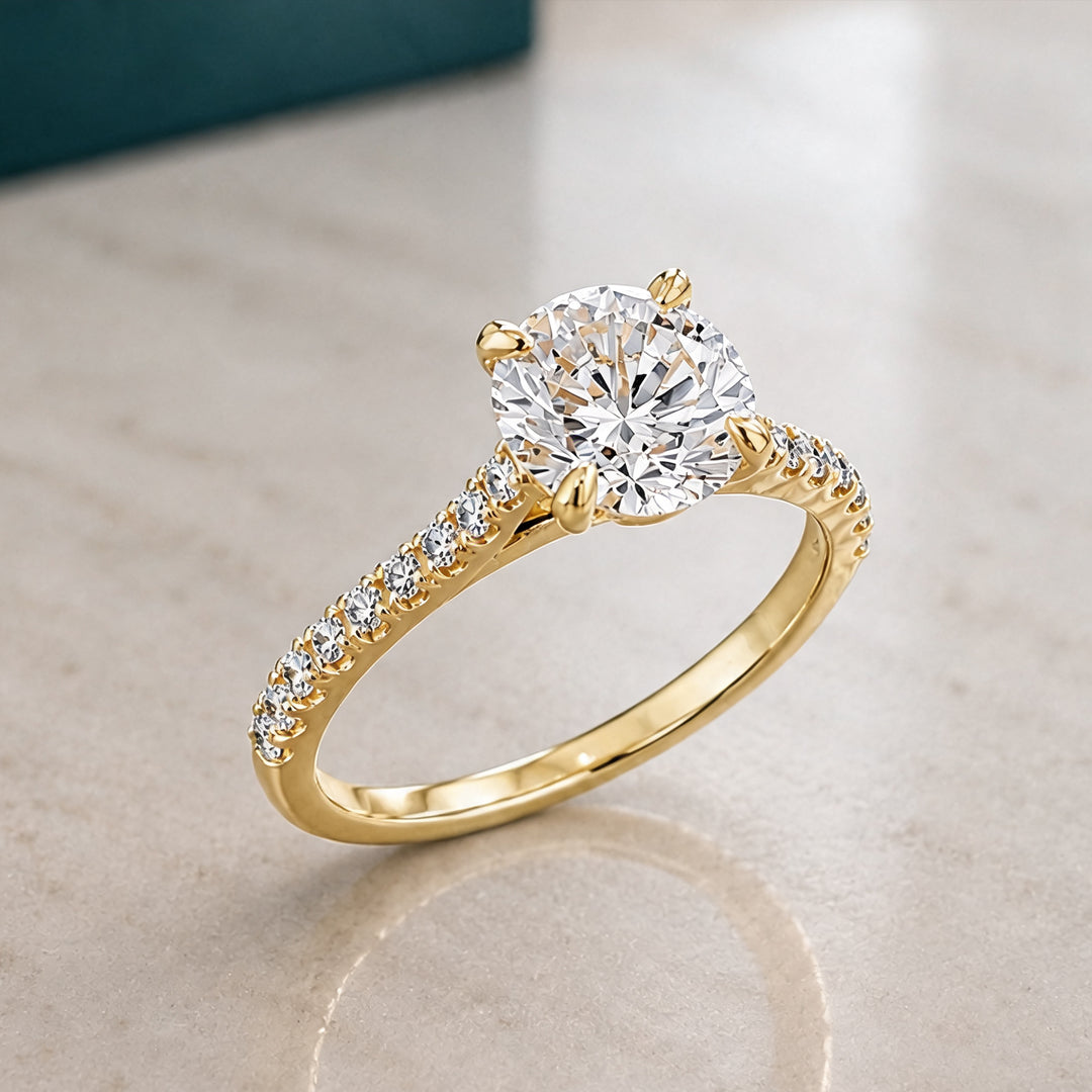2ct round pave cathedral lab grown diamond engagement ring at an angle on a styled display - AJ's Jewelry Queens NY