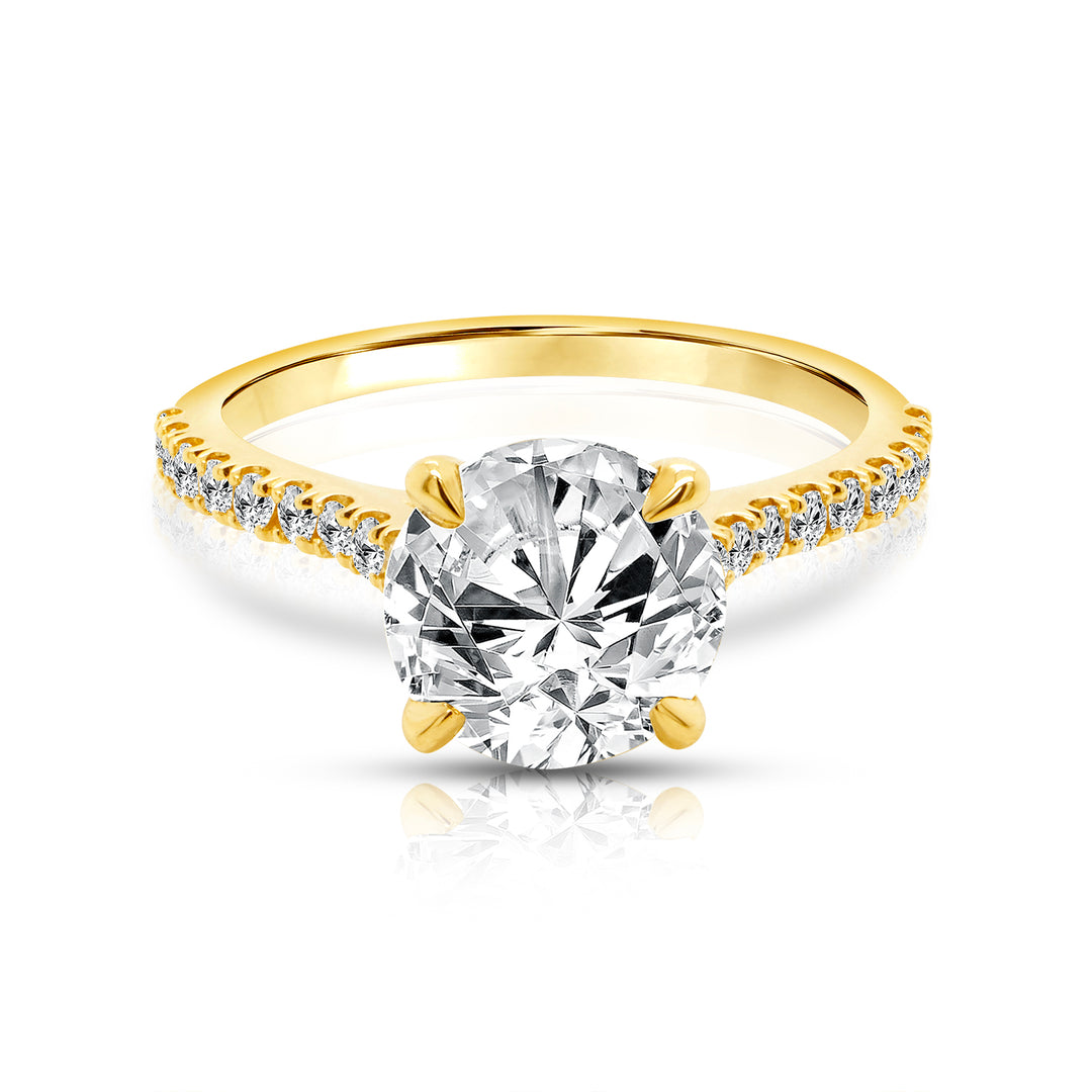 14k yellow gold 2ct round pave cathedral lab grown diamond engagement ring, front view - AJ's Jewelry Queens NY