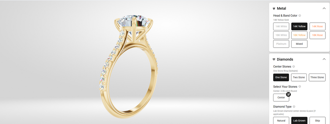 Configuring the cathedral setting and pave band of a 2ct round engagement ring on AJ's Jewelry online ring builder