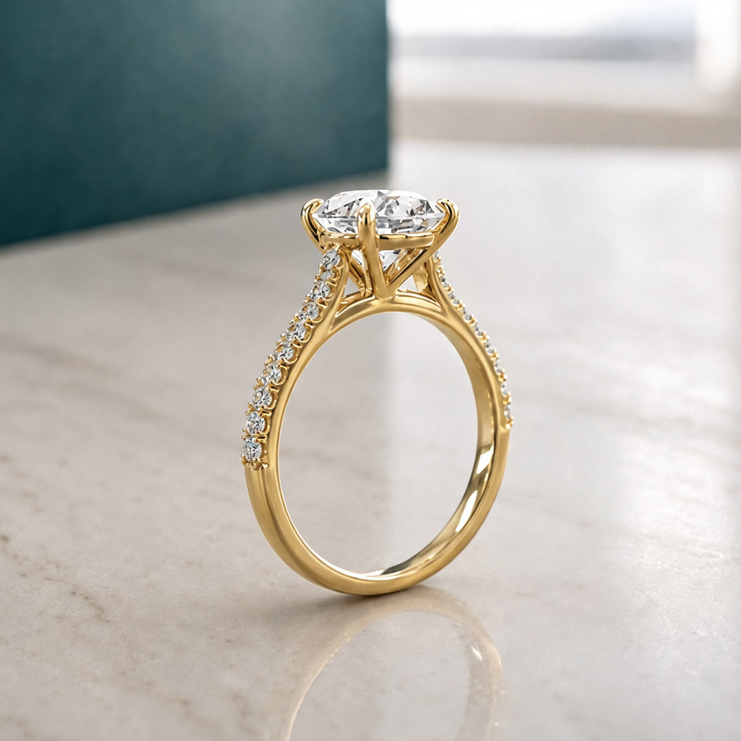 2ct round pave cathedral lab grown diamond engagement ring, side angle on a styled display - AJ's Jewelry Queens NY
