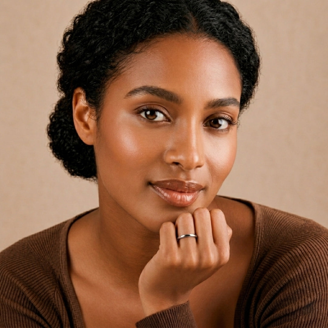 Model wearing a 2mm sterling silver comfort fit wedding band - AJ's Jewelry, Ridgewood NY