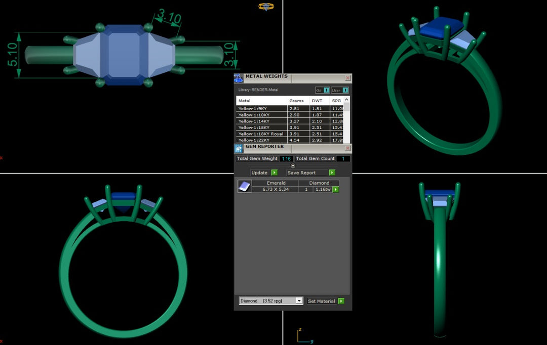 An image showing the computer rendering of the 3-stone ring at all angles.