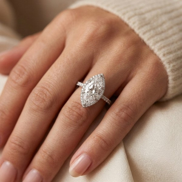 Finished custom 3ct marquise lab grown diamond halo engagement ring at AJ's Jewelry — custom engagement ring in Ridgewood Queens NY