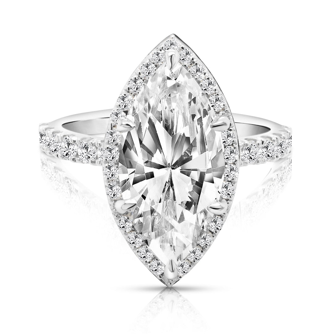 3 carat marquise lab grown diamond halo engagement ring — front view, 14 karat white gold, AJ's Jewelry Ridgewood Queens NY