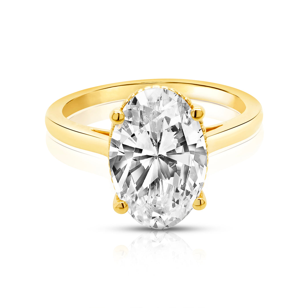 14k yellow gold 3ct oval lab grown diamond solitaire engagement ring with milgrain halo, front view - AJ's Jewelry Queens NY