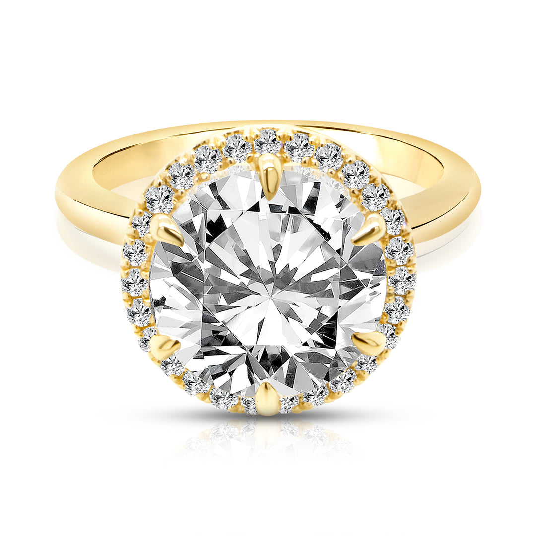 14k yellow gold 3ct round halo lab grown diamond engagement ring, front view showing the halo around the round brilliant - AJ's Jewelry Queens NY