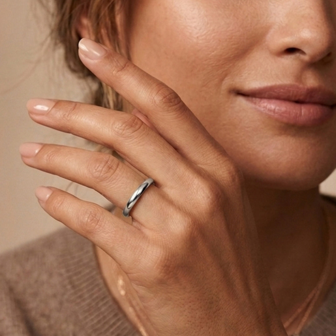 3mm sterling silver comfort fit wedding band worn on a model's hand, close-up view - AJ's Jewelry, Ridgewood NY