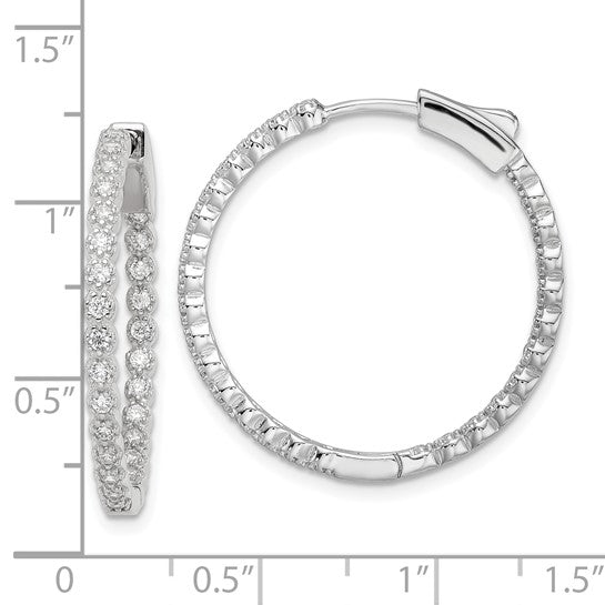 Sterling Silver Inside/Outside Cubic Zirconia Medium Hoop Earrings