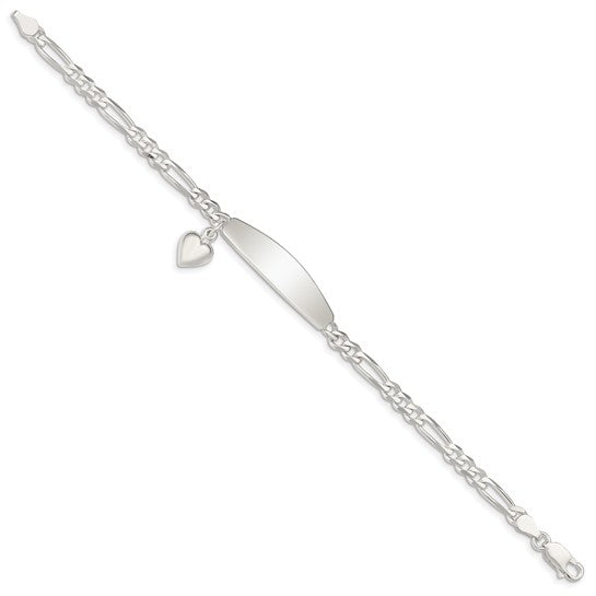 Sterling Silver Engraveable Figaro ID Bracelet with Heart - 7 inch