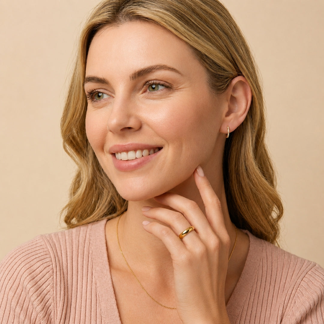 Model wearing a 5mm 14K yellow gold comfort fit wedding band - AJ's Jewelry, Ridgewood NY