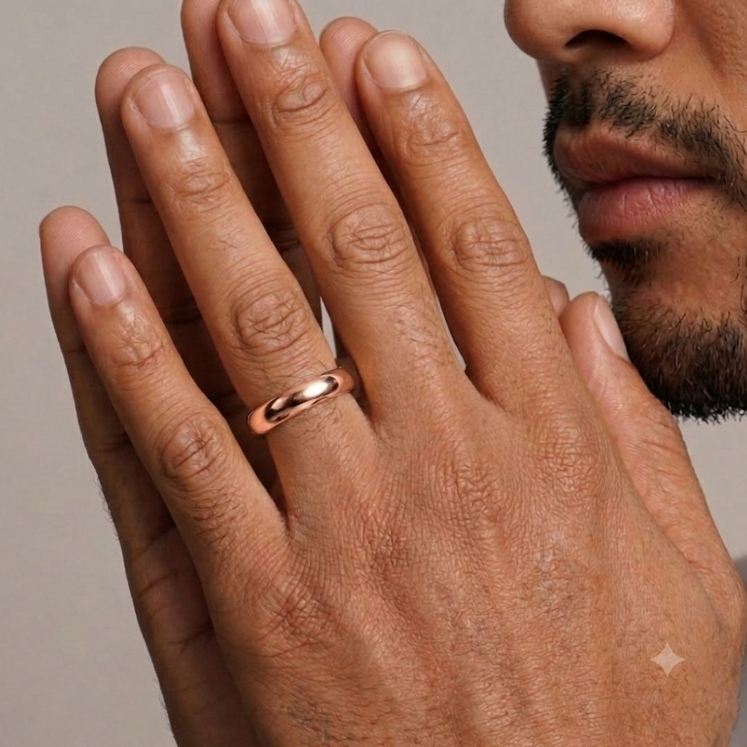 A model wearing the 5mm Slim Half Round Wedding Band in Rose Gold