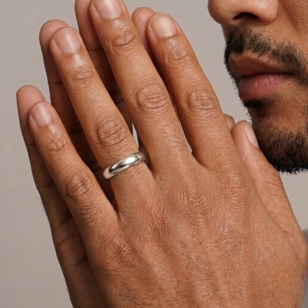 A model wearing the 5mm Slim Half Round Wedding Band in White Gold
