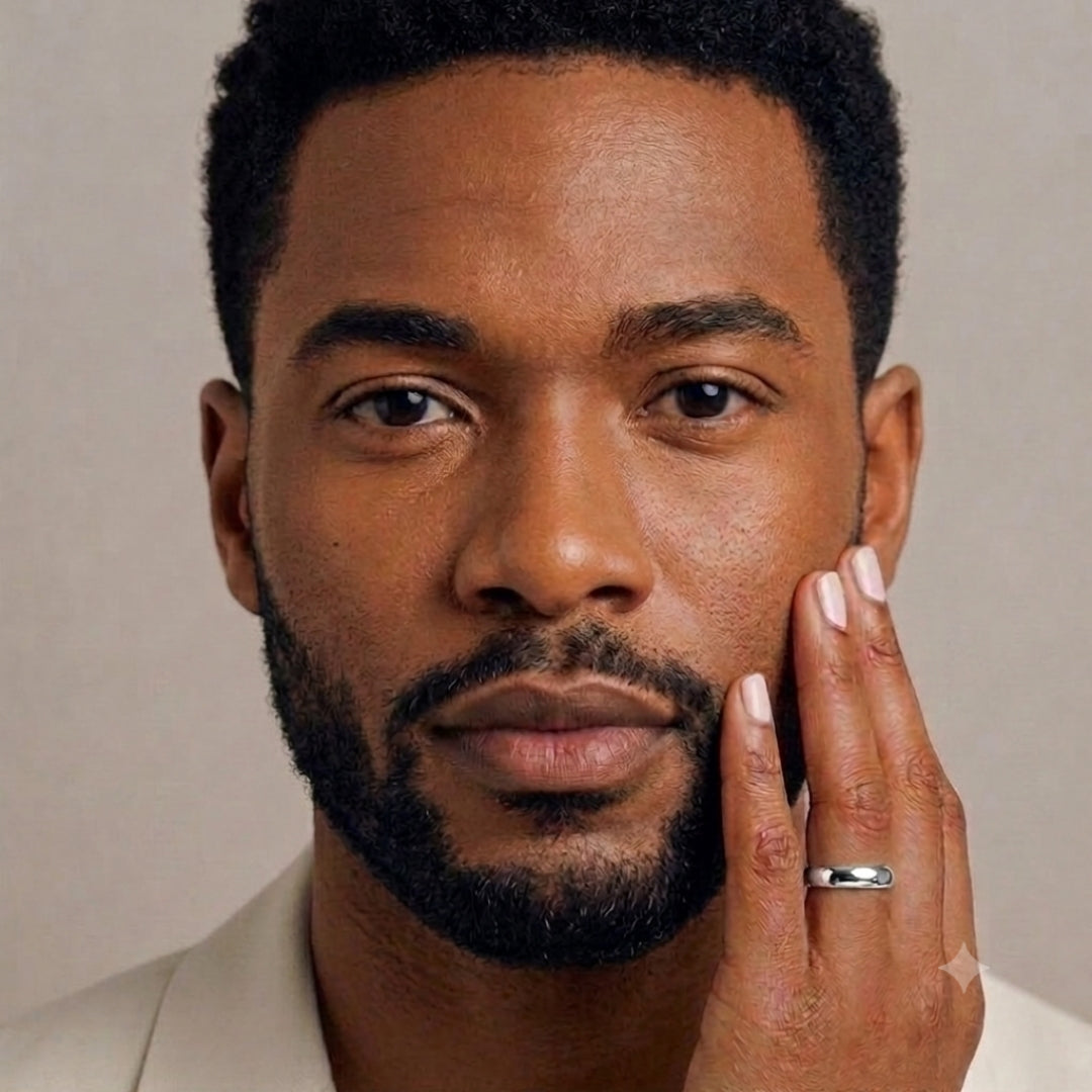 A model wearing the 5mm Slim Half Round Wedding Band in White Gold
