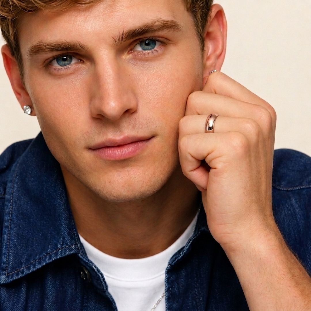 A model wearing the 6mm Slim Half Round Wedding Band in Rose Gold