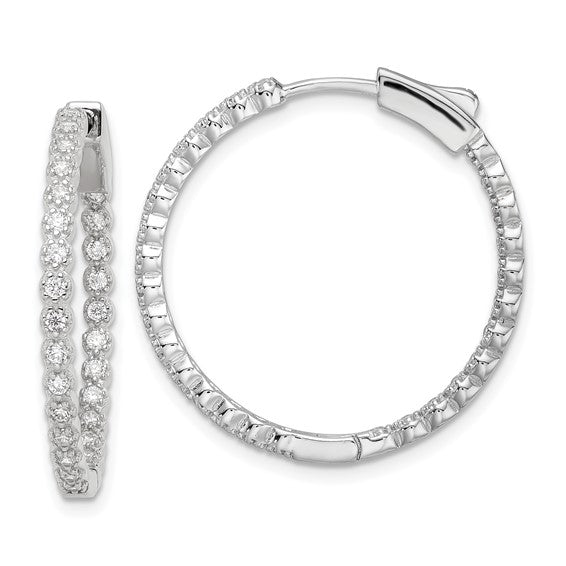 Sterling Silver Inside/Outside Cubic Zirconia Medium Hoop Earrings