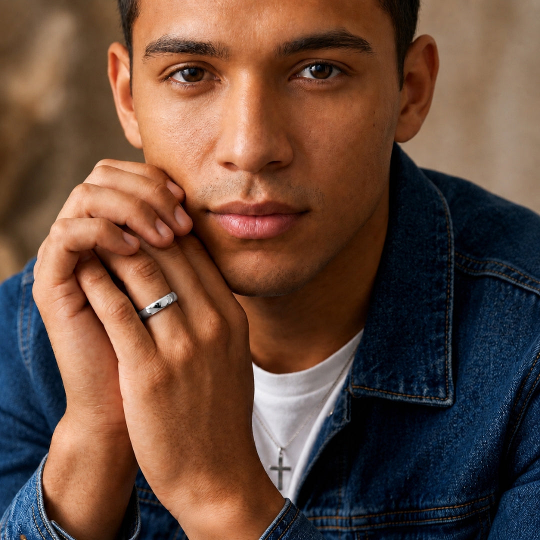 Model wearing a 7mm sterling silver comfort fit wedding band - AJ's Jewelry, Ridgewood NY