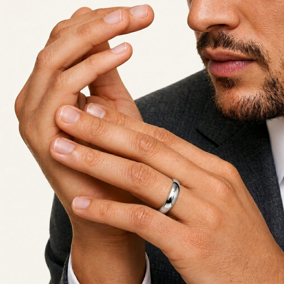 A model wearing the 7mm Slim Half Round Wedding Band in White Gold