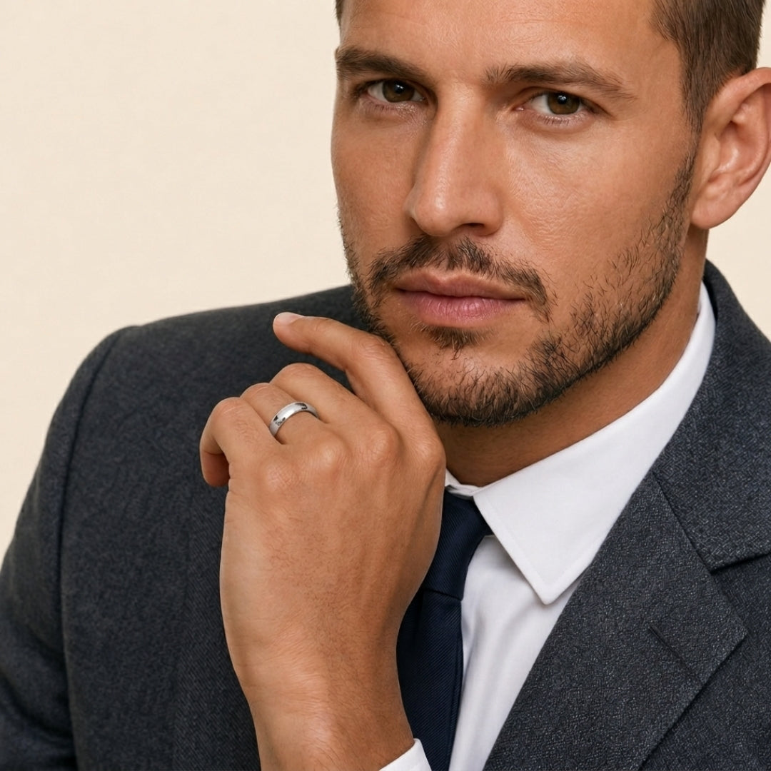 A model wearing the 7mm Slim Half Round Wedding Band in White Gold