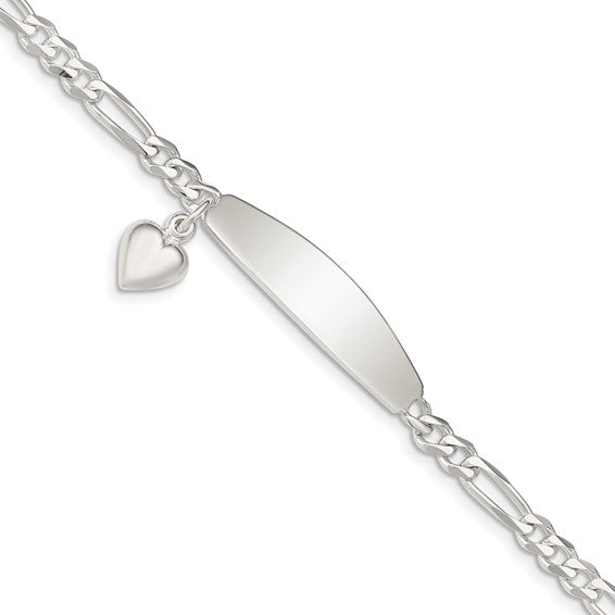 Sterling Silver Engraveable Figaro ID Bracelet with Heart - 7 inch