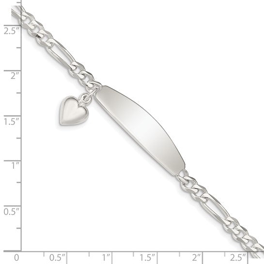 Sterling Silver Engraveable Figaro ID Bracelet with Heart - 7 inch