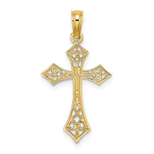 14 Karat Yellow Gold Small Filigree Cross Charm Pendant