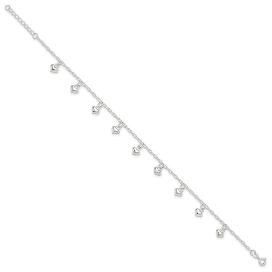 Sterling Silver Heart 10 inch Ankle Bracelet