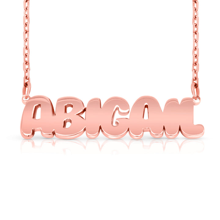 A sample of the nameplate with the name Abigail in Rose Gold