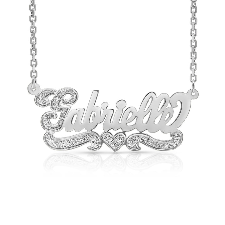 A Sample of the Sterling Silver Bold Script Name Necklace with One Heart with the name Gabrielle in White