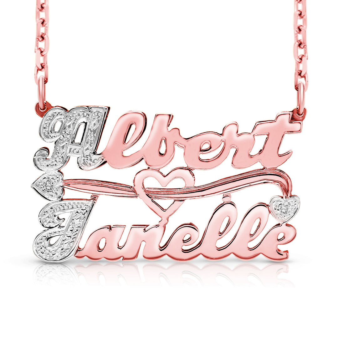 A Sample of the 14 Karat Two Name 3D Name Necklace with the names Albert and Janelle in Rose