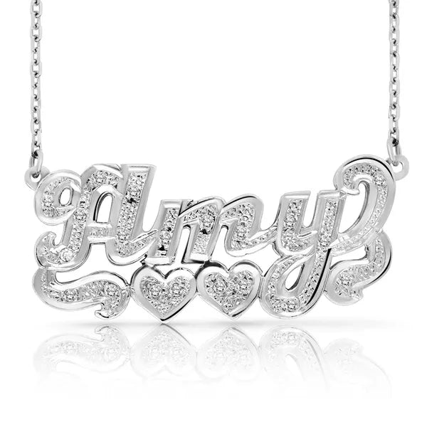 Sterling Silver Diamond Cut 3D Name Necklace with Two Hearts