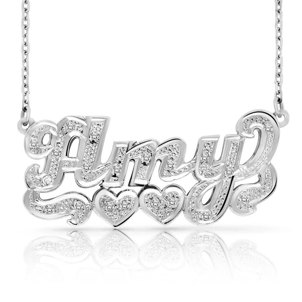 A Sample of the Sterling Silver Diamond Cut 3D Name Necklace with Two Hearts with the name Amy in White