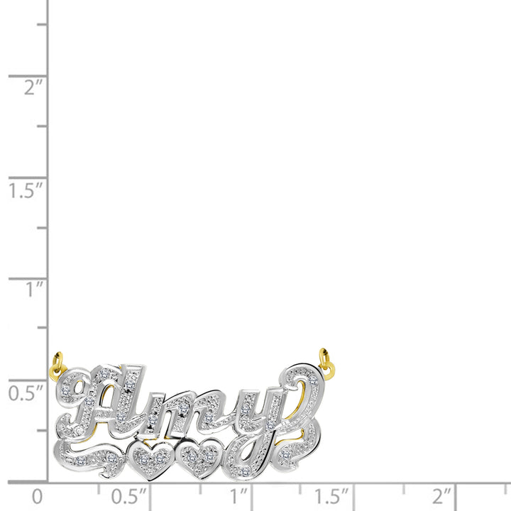 A Sample of the 14 Karat Diamond Cut 3D Name Necklace with Two Hearts with the name Amy on a size chart for reference