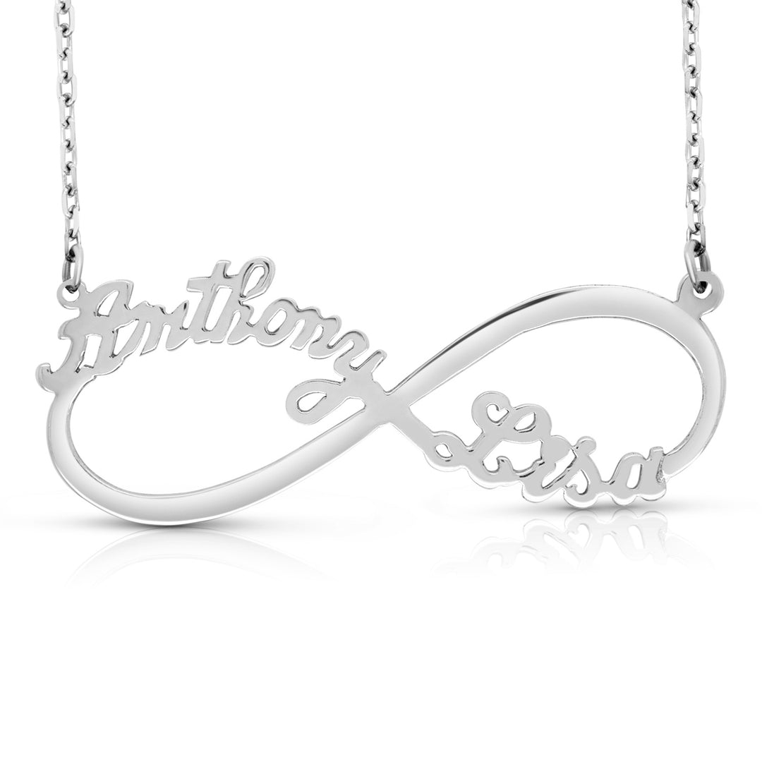 A Sample of the Sterling Silver Two Name Infinity Name Necklace with the names Anthony and Lisa in White