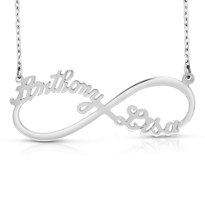 A Sample of the Sterling Silver Two Name Infinity Name Necklace with the names Anthony and Lisa in White