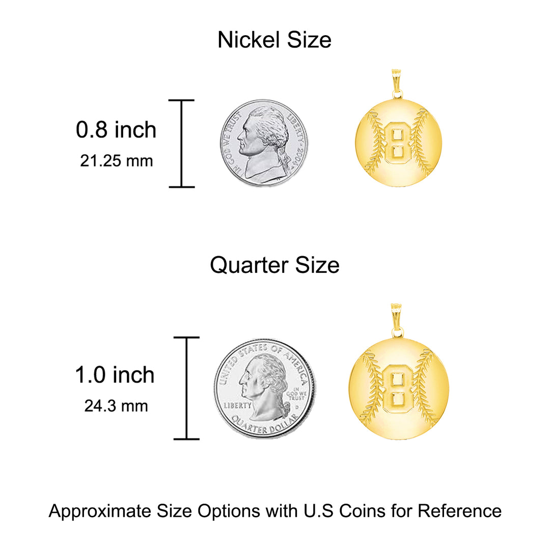 A image showing a sample of the Personalized Baseball Charm Pendant next to a US Nickel and Quarter for size reference